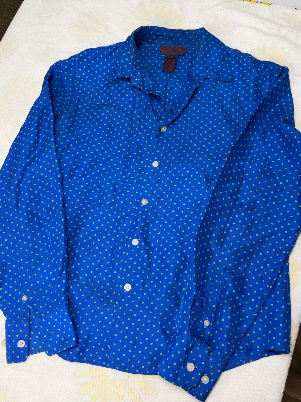 Ralph Lauren Blue Button-Down Shirt with Green Polka Dots 100% silk